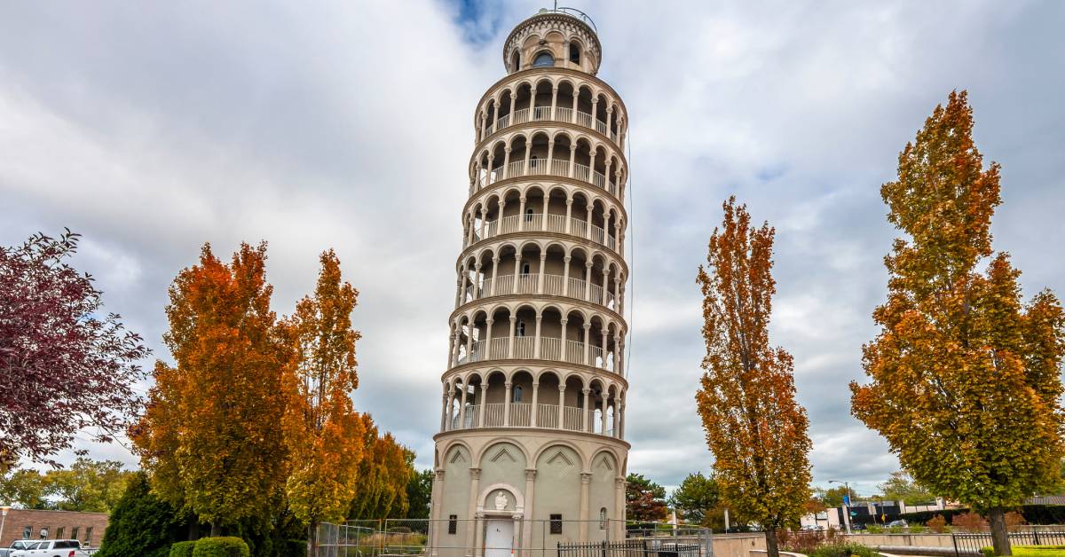 The Leaning Tower of Niles. A unique, half-scale replica of the classic Italian landmark nestle in a small, American park.