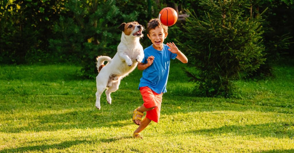 A young boy and his dog are playing and running around outside in the grass with a small orange basketball.