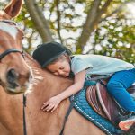 A young girl wearing a helmet sitting on the saddle of a chestnut horse, leaning forward to give it a hug.