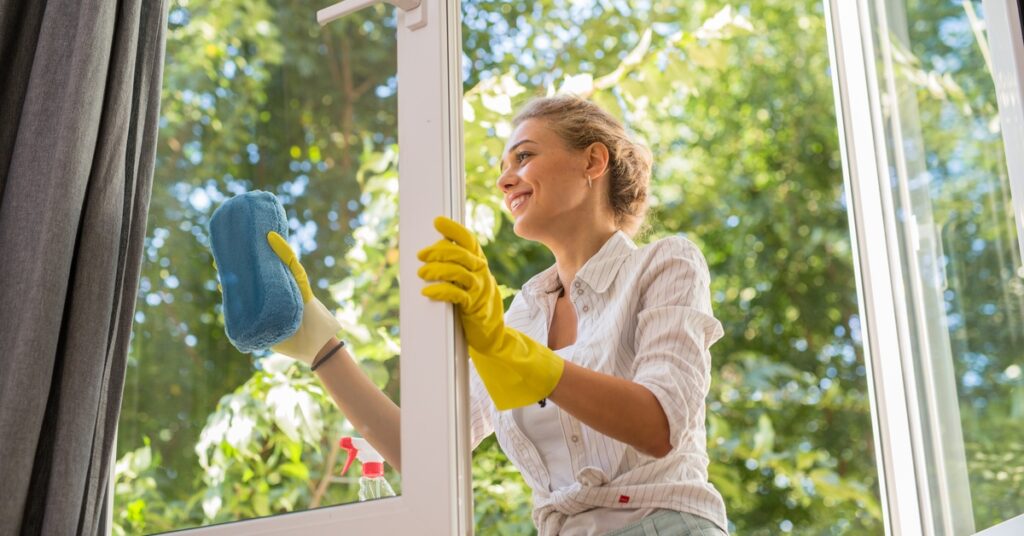A woman wearing yellow cleaning gloves uses a large sponge to clean the outside of her home's windows.
