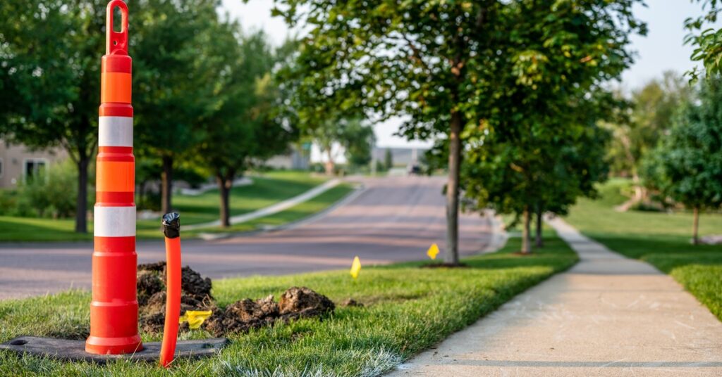 A residential neighborhood with the initial stages of fiber network install, including small yellow flags and an orange cone.