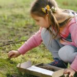 A young girl in a pink jacket and gray pants kneels on grass while placing small items into a cardboard tray.