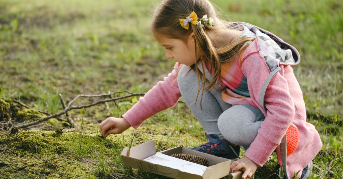 A young girl in a pink jacket and gray pants kneels on grass while placing small items into a cardboard tray.